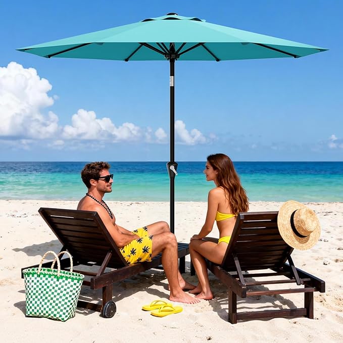 GarveeLife 9FT Umbrella Outdoor Patio, Table Umbrella with Push Button Tilt and Crank, 8 Sturdy Ribs Waterproof UV Protection for Garden, Pool, Deck, Backyard, Market (Sky Blue)