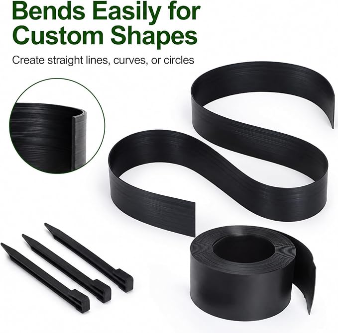 Flexible Landscape Edging Coil, 5IN x 40FT, 24 Spikes | PE Material, Garden, Yard, Pathway, Flower Beds, No Digging, Curved Edges & Mulch Retention, Weather Resistant Garden Border