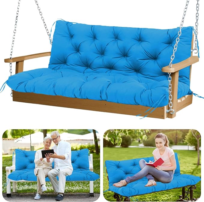 Porch Swing Cushions 5" Thicken Waterproof Outdoor Swing Cushions 3 Seater Replacement with Backrest and Ties Patio Swing Cushion for Outdoor Furniture Bench Backyard Lawn Garden(Peacock Blue)