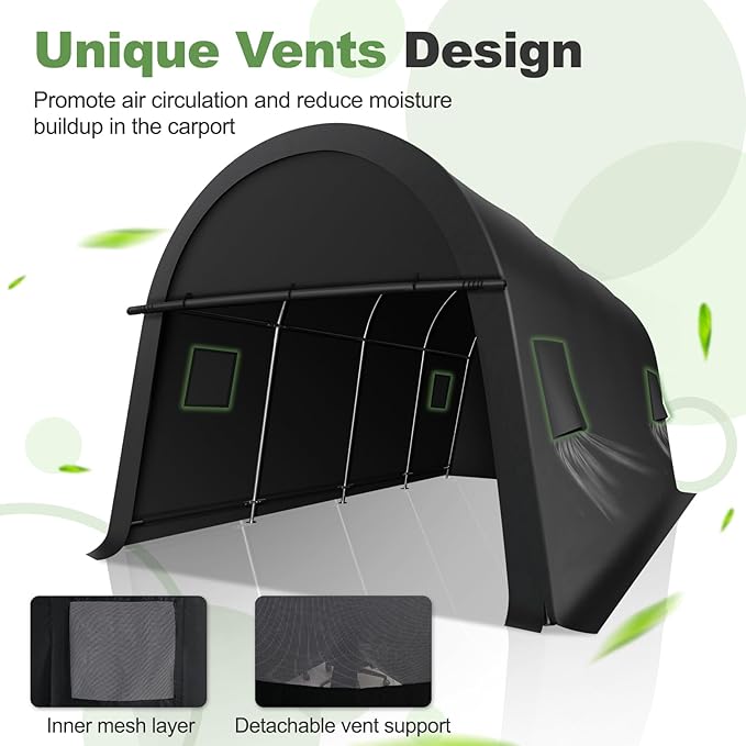 COBIZI 10x15 Carport Canopy Heavy Duty Portable Garage Tent with Double Zippered Roll-up Doors & Vents, Large Space Car Port Car Garage Waterproof Anti-Snow for Cars, Boats, Trucks, Dark Gray