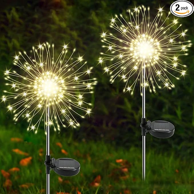 Solar Garden Lights Outdoor, 2 Pack 120 LED Twinkling Firework Lights Decorative with 2 Modes, Outdoor Waterproof Solar Starburst Light for Outside Yard Pathway Garden Decor, Warm White