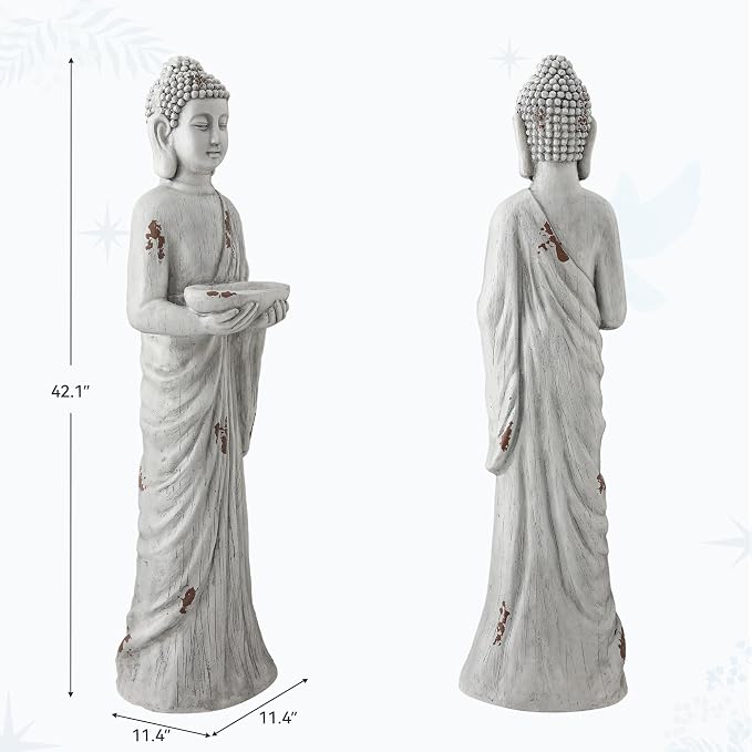 42" Extra-Large Buddha Outdoor Statue with Birdfeeder, Tall Zen Meditative Buddha Figures, Durable Weatherproof MGO Sculpture for Garden, Patio, Yard, Porch or Indoor Home Decor