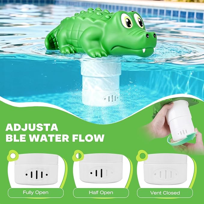 Pool Chlorine Floater,Large Capacity Floating Chlorine Dispenser-Fits 1 & 3 Inch Tablets,Hard Plastic Material Prevents Aging,Applicable to Swimming Pools, Spas, Hot Tubs (Crocodile)
