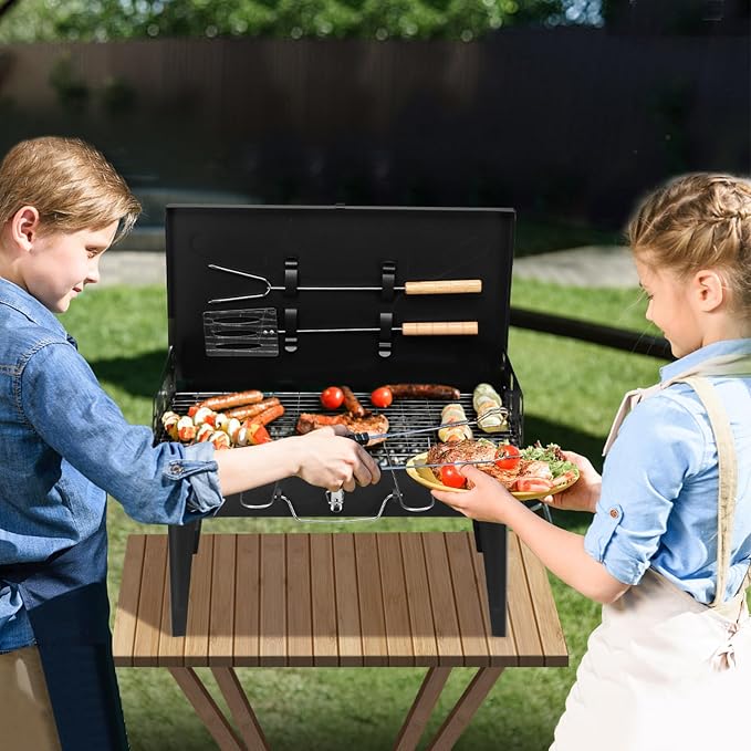Outvita Portable Charcoal Grill, Outdoor Foldable BBQ Grill with Barbecue Accessories & Lid for Cooking Camping Picnic Hiking Beach Party Patio Smokers, Height Adjustable for 3 to 5 People