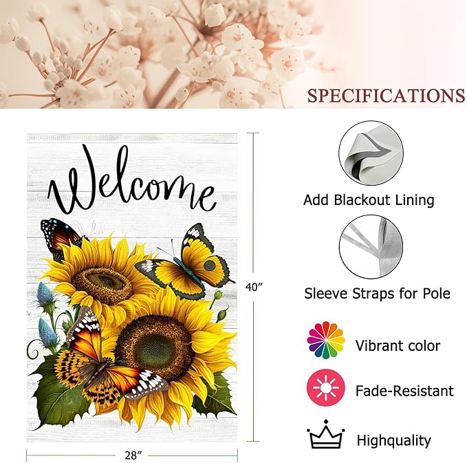 Summer Sunflower Butterfly Garden Flag 28x40 inch Double Sided Welcome Large House Flag, Outdoor Yard Flag for Porch Farmhouse Summer Decor