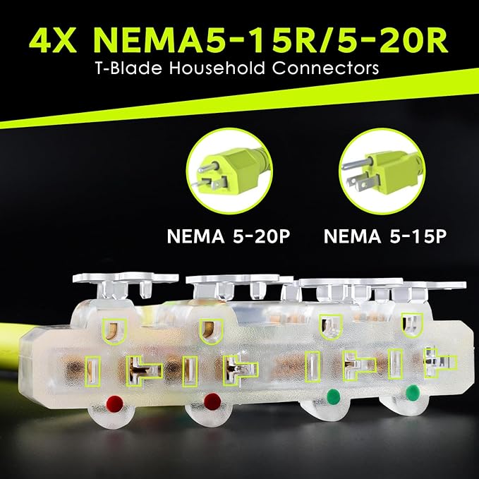 30 Amp to 20 Amp 110 Generator RV Adapter Cord, NEMA L14-30P to 4X 5-15R/5-20R Generator Distribution Adapter, STW 10 AGW, 1.5FT, ETL Listed