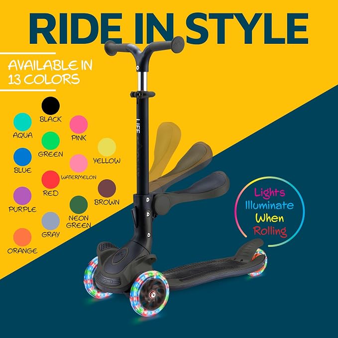 3 Wheel Scooter for Kids with Foldable Seat, Adjustable Handlebar Height, Lean-to-Steer Ride On Toy for Kids Ages 2+, Light-Up LED Wheels, Wide Anti Slip Deck, Indoor & Outdoor Use