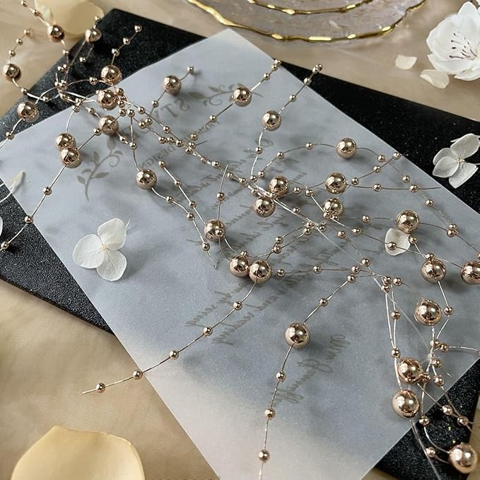 TeaSu 24Pcs Pearl String for Floating Candle Centerpieces, Pearl Vase Filler Decor for Wedding Centerpieces (Champagne Gold)