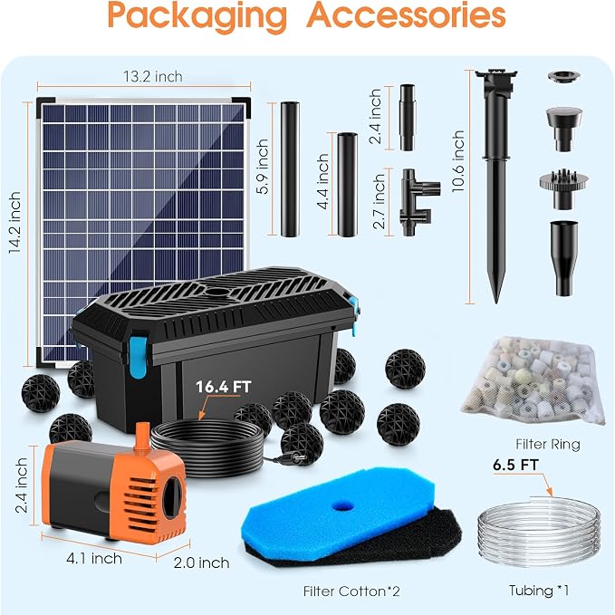 Antfraer 30W Solar Pond Filter with Water Pump Kit, Solar Pond Pump with 6.6FT PVC Tubing & 16.5FT Cord Pond Filter for Outdoor Garden Waterfalls, Koi Ponds & DIY Water Features