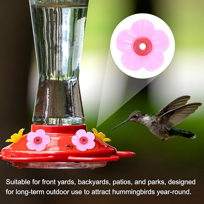 M METERXITY 16-Pack Hummingbird Feeder Replacement Flowers, Plastic Pet Hummingbird Feeding Parts Feeding Ports for Outdoor Hanging Feeders, Bees Guards [Rose Pink, Red]