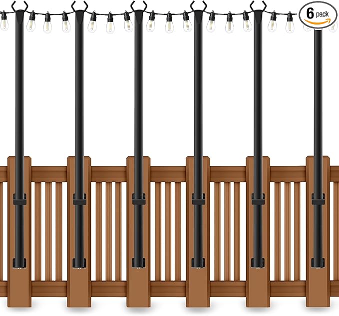 AHRLHR 6 Pack 5 Ft String Light Poles, String Light Poles for Outside with Fixing Clips,Metal Poles for Outdoor String Lights, Hanging Light Poles for Deck Fence Garden Backyard Wall Bistro