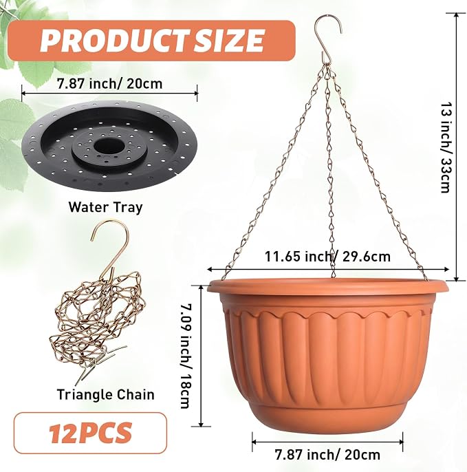 12 Sets Hanging Planters for Indoor and Outdoor Plants Self Watering Hanging Basket Flower Pots Plastic Plant Pots with Drainage Hole and Absorbing Tray(Terracotta,12 Inch)