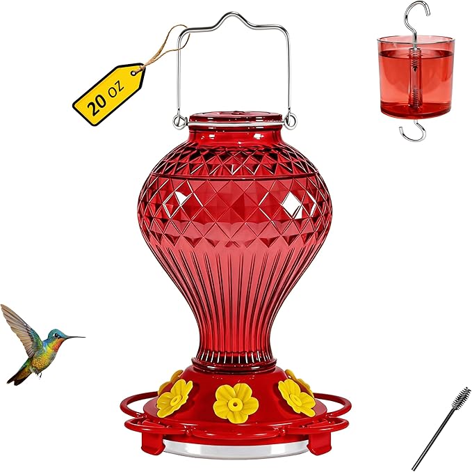 Glass Hummingbird Feeder for Outdoors Hanging, 20 oz Nectar Capacity, 6 Feeding Ports, Leak-Proof Rust-Free Plastic Base, Easy to Refill & Clean, Decorative Red Glass Bird Feeder for Garden Patio