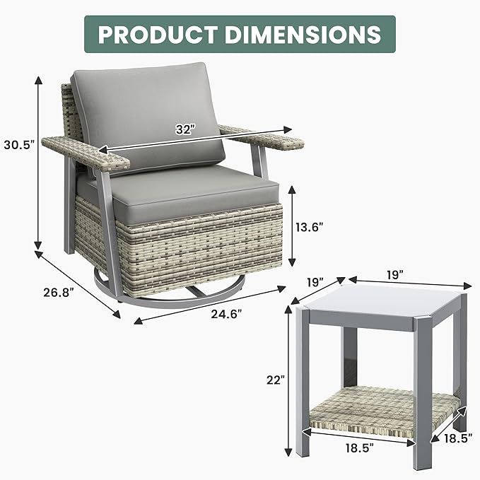 Pamapic 3 Pieces Patio Furniture Set, Outdoor Swivel Glider Rocking Chairs with Thick Cushions, Outdoor Wicker Bistro Set with Side Table, Swivel Conversation Set for Porch, Balcony, Deck