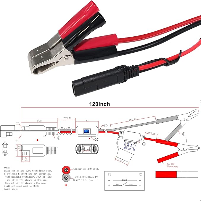 SAE to Battery Alligator Clip - 12V SAE 2Pin Quick Disconnect Cable 10ft SAE to Battery Clamp Cord 15A Fuse (10FT)