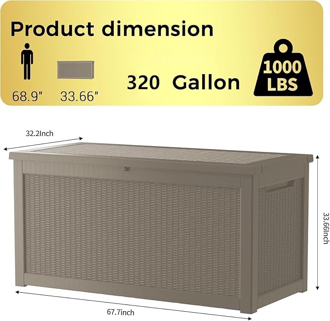 Outdoor Storage Box 325GAL Waterproof Resin Deck Box,Pool Accessories Supplies，UV-Resistant Lockable Package Delivery Bin for Garden Tools,Large Patio Outside Cushions,Chest,Furniture,Grey