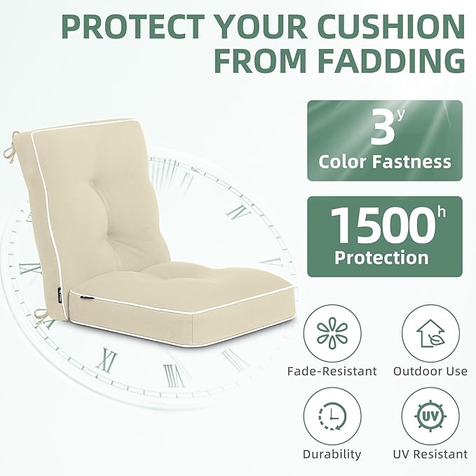 Favoyard Outdoor Rocking Chair Cushion 17 × 17 Inch Water Resistant & 3-Year Color Fastness Patio Chairs Cushions for Rockers Furniture, Set of Seat & Back Thick Tufted Cushion with Tie Straps, Beige