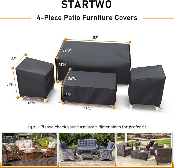 STARTWO Patio Furniture Covers 4-Piece Set for Loveseat, Chairs and Coffee Table, Outdoor Waterproof, Black