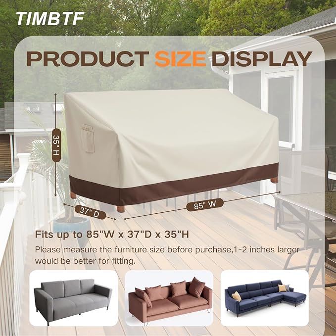 Extra Outdoor Sofa Cover, Large 3-Seater Patio Sofa Covers Waterproof Up to 8500 Pa, Heavy-Duty Patio Furniture Couch Cover with Air Vents, 85" W x 37" D x 35" H