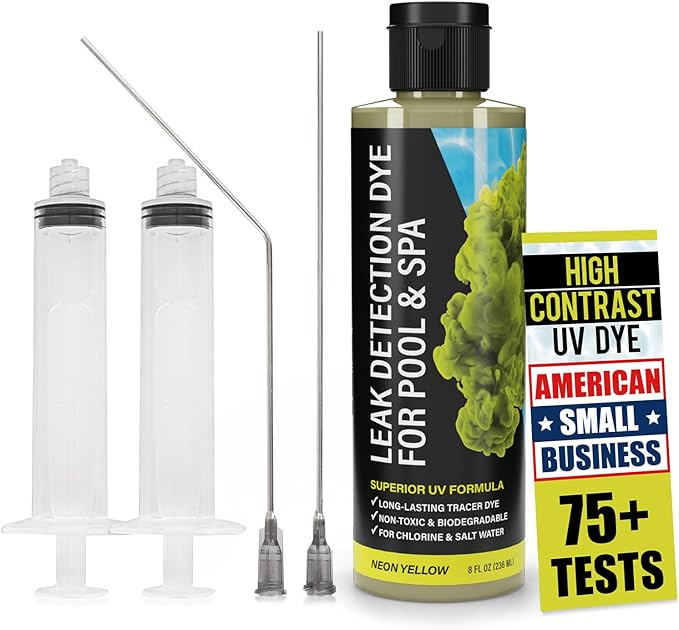 Pool Leak Detection Dye Kit - with 2 Precision Applicators - 75+ Tests - Superior Long Lasting UV Pool Dye Easily Locates Leaks - for All Pool, Spa, & Hot Tub Types - 8 OZ (Fluorescent Yellow)