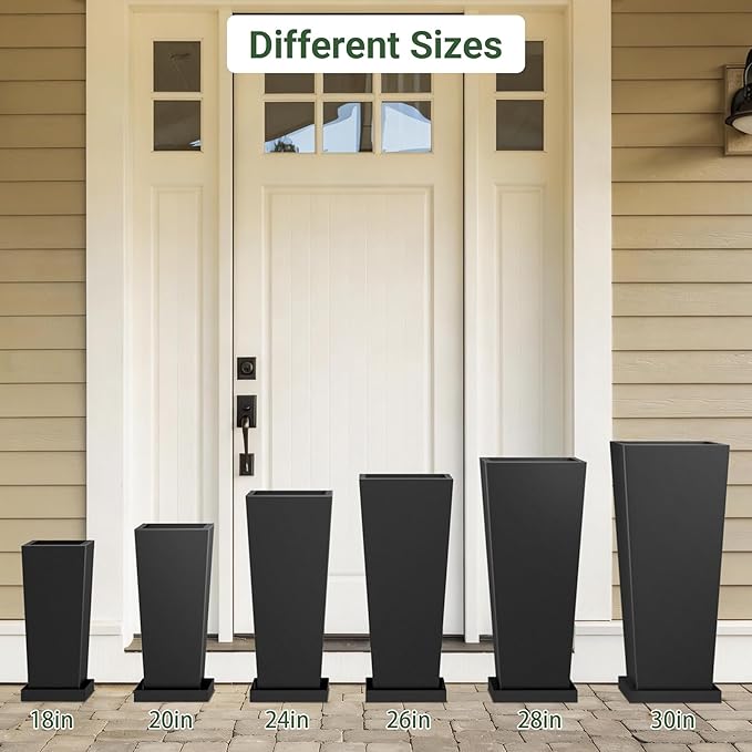 Metal Tall Outdoor Planters Set of 2, 18 inch Durable Tall Planters with Rust-Proof Coating & Drainage Insert Shelve & Trays, Black Outdoor Planters for Porch, Garden, Patio, Yard