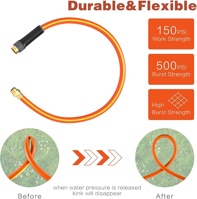 Garden Hose 3ft x 5/8",Short Garden Water Hose Heavy Duty,Flexible,Lightweight Hybrid Hose with Swivel Handle,3/4'' Brass Fittings,Hybrid Rubber Hose for Backyard