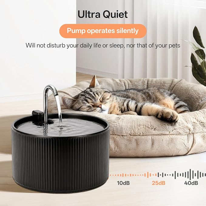 Ceramic Cat Water Fountain, 2.2L/78oz Ceramic Cat Fountain, Automatic Ceramic Water Fountain for Cats, Pet Water Fountain with Ultra-Quiet Pump and 3 Filters & 3 Sponges (Black)