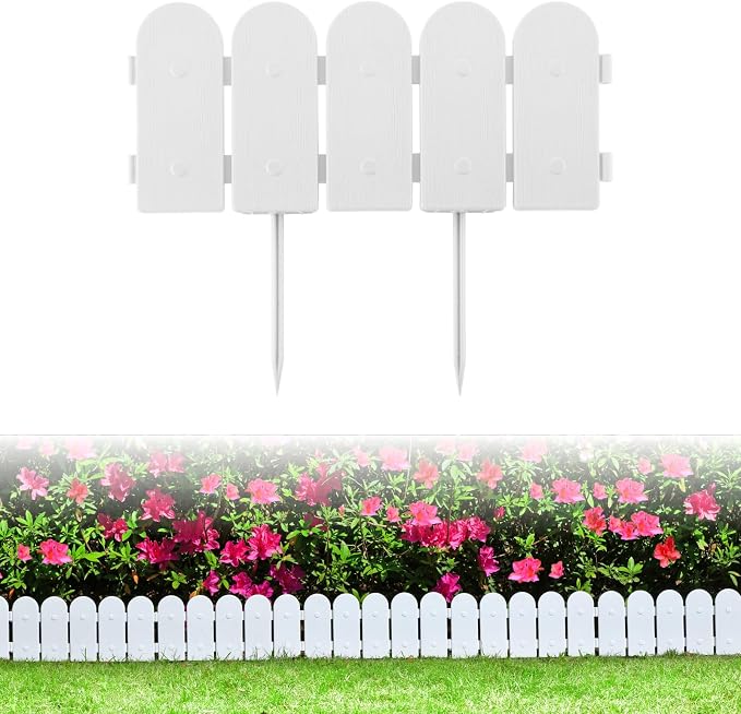 Evelyne Garden Border Edging: Wooden Fence Design - 8pcs White Yard Landscaping Fence Liner Lawn Edge Barrier - 10ft Kit of Decorative Lawn Landscape Panels Elements -Landscaping Edging-GMT-10374-D08