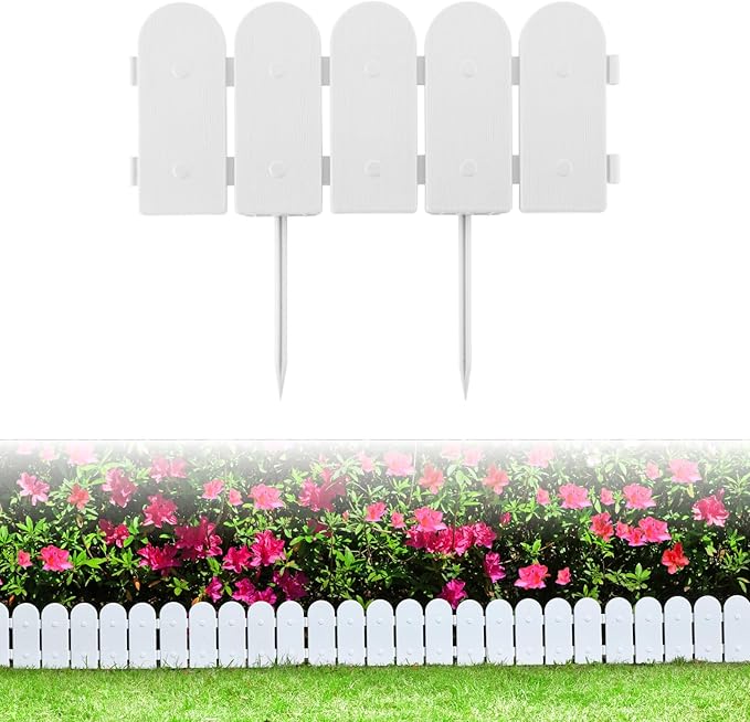 Evelyne Garden Border Edging: Wooden Fence Design - 16pcs White Yard Landscaping Fence Liner Lawn Edge Barrier - 20ft Kit of Decorative Lawn Landscape Panels Elements-Landscaping Edging-GMT-10374-D16