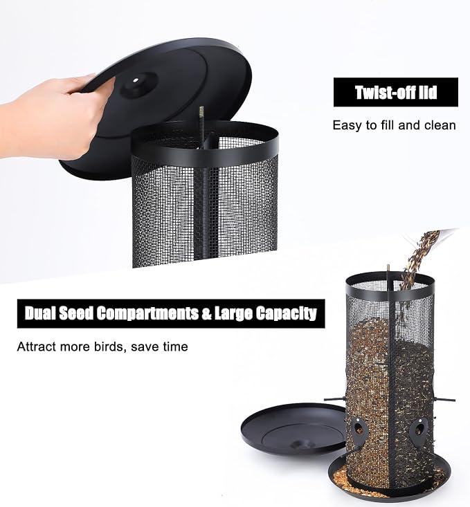 Gtongoko Hanging Bird Feeders for Outdoors 6.5 LB Large Capacity Squirrel Proof Metal Mesh Tube Bird Feeders for Thistle & Nyjer Seed Attracts Finch Cardinal,Titmice,Swallow Black