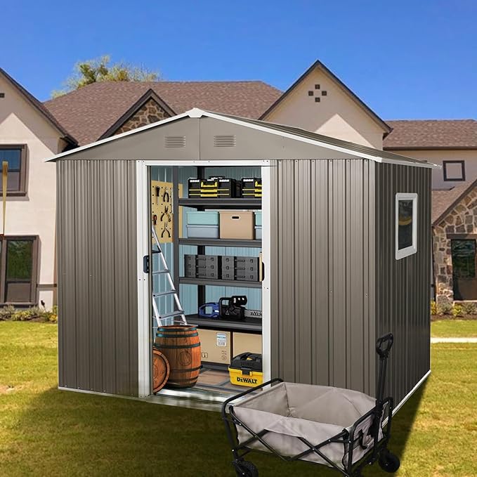 8FT x 6FT Outdoor Metal Storage Shed, Galvanized Steel Garden Shed with Lockable Sliding Door, Ventilated Tool Storage House with Foundation Kit, UV Resistant Backyard Shed forPatio Storage, Grey