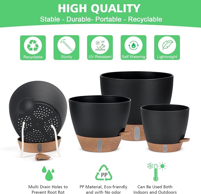 12" 10" 9" 8" Self Watering Pot for Indoor Plants, Large Plastic Planters Set with Water Level Indicator Deep Reservoir Tray, Bottom Watering Big Flower Pots with Mesh Drainage Hole - Black