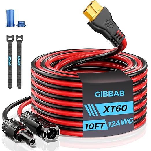 10FT 12AWG XT60 Solar Charging Cable, GIBBAB Solar Panel Connector to XT60 Extension Charge Adapter Cable with Caps & Wire Ties for LiFePO4 Battery RV Portable Power Station Ecoflow Generator