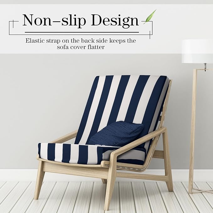 Newwiee 8pcs Patio Stretch Cushion Covers Stripe Outdoor Cushion Covers Replacement Patio Furniture Couch Slipcover Sofa Chair Seat, Thin Fabric Breathable Soft Flexibility Protector(Navy Blue)