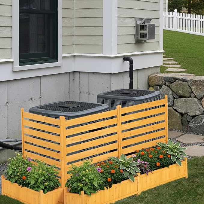 FORTUNO Outdoor Air Conditioner Fence Wood Privacy Screen with Planter Box for Trash Can Pool Equipment Garbage Can Enclosure No-Dig Kit, 2 Panels