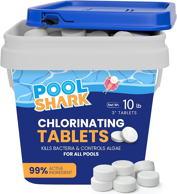 Pool Shark Swimming Pool Chlorine Tablets | 3-Inch Chlorine Tablets | 10 lbs | Slow-Dissolving 90% Active Chlorine Tabs | Pool Chemicals for Inground Pools, Above Ground Pools, Saltwater, Spa, Hot Tub