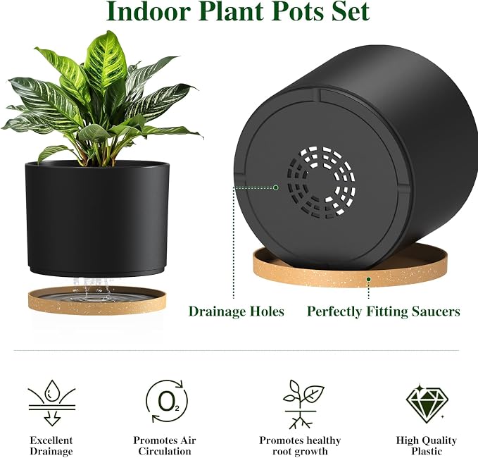 Plant Pots, 10/9/8 Inch 3 Pack Cylindrical Flower Pots with Drainage Holes and Saucers, Plastic Planters for Outdoor Indoor Plants,Black