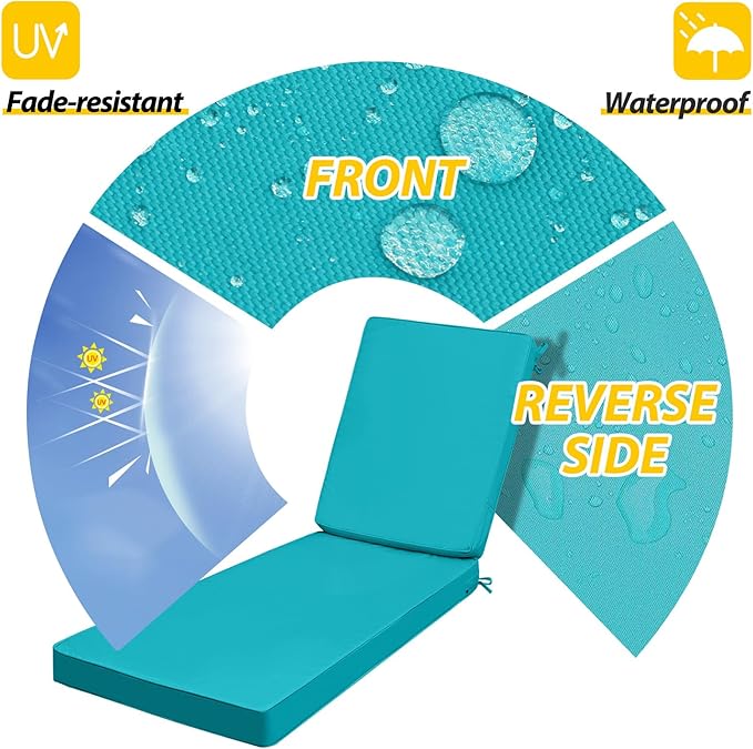 AAAAAcessories Outdoor Chaise Lounge Cushions, Fade-Resistant, Waterproof Patio Furniture Replacement Cushions, 72" x 21" x 3", Set of 2, Turquoise Blue