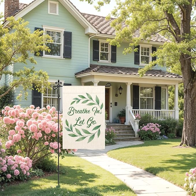 Breathe In Let Go Garden Flag Double-Sided Yard Outdoor Decoration 12x18 Inch, Calm Yard Outdoor Decoration Garden Flag Mental Health Home Banner, Therapy Patio Mindful Banner, Positive Gifts