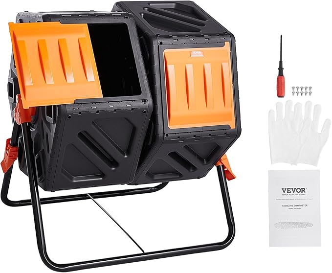 VEVOR Compost Bin, 37-Gal Dual Chamber Composting Tumbler, High Volume Two Rotating Chambers with 2 Sliding Door and Steel Frame, BPA Free Composter Bin Tumbler for Garden, Kitchen, Yard, Outdoor