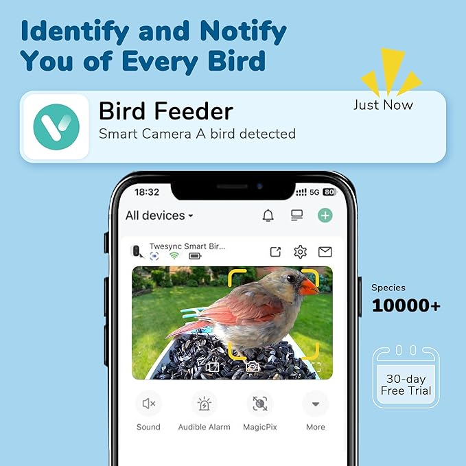 Twesync Bird Feeder with Camera, 2K HD Video Capture, 5000mAh Battery with Solar Panel, Instant Arrival Alerts, Live View, AI Species Identification, Perfect for Bird Lovers
