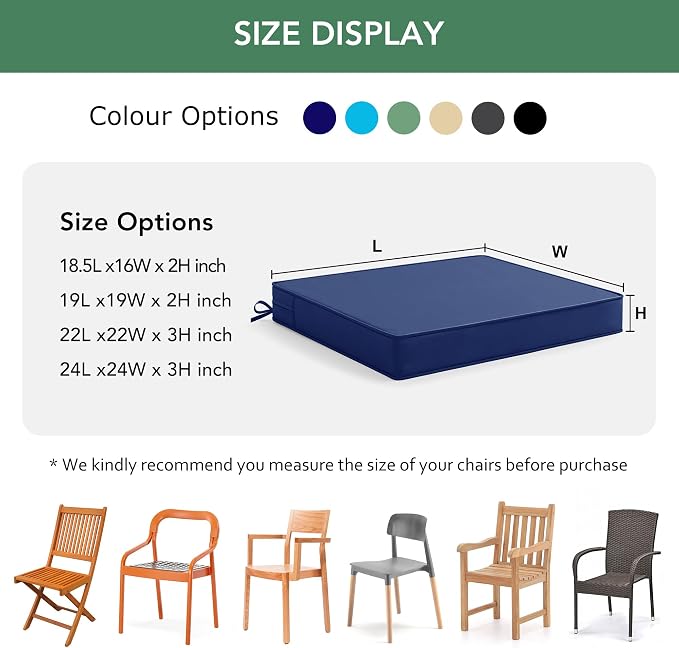 Summsun Outdoor Chair Cushions Set of 2: Waterproof & Fade Resistant Seat Cushion for Patio Furniture - 19 x 19 x 2 Inch Chair Pads with Ties and Hidden Zipper - Patio Chair Cushion Replacement, Navy