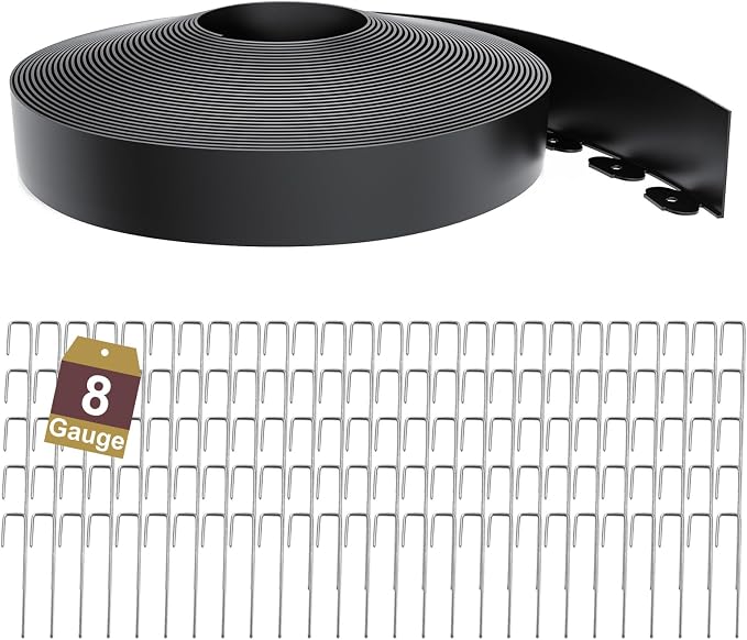 Landscape Edging Border 3 Inch Tall 125Ft with 130Pcs 8 Gauge Metal Spikes, Plastic Garden Edging Border Garden Fence Border Lawn Edging for Landscaping, Flower Bed, Tree Ring, Pathway