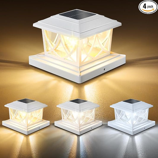 NIORSUN Solar Post Lights Outdoor, Fence Post Solar Lights with 3 Color Temps &2 Brightnesses, Edison LED Bulbs Fence Deck Decor, 4x4 Posts Caps, 4x4 &5x5 Vinyl, 4x4 &6x6 Wooden (4 Pack,White)
