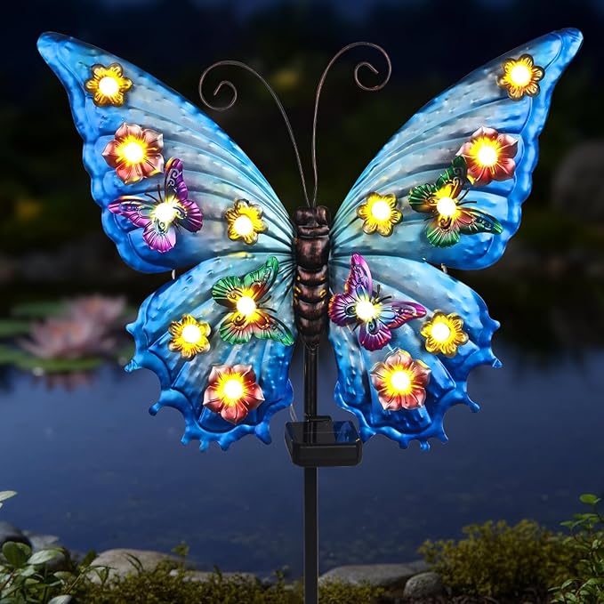 Butterfly Solar Lights Outdoor Waterproof Large with 14 String Bulbs and Flowers, Solar Garden Stakes Butterfly Yard Decor Gardening Gifts for Women Mom Grandma Gardeners Enthusiasts 50"