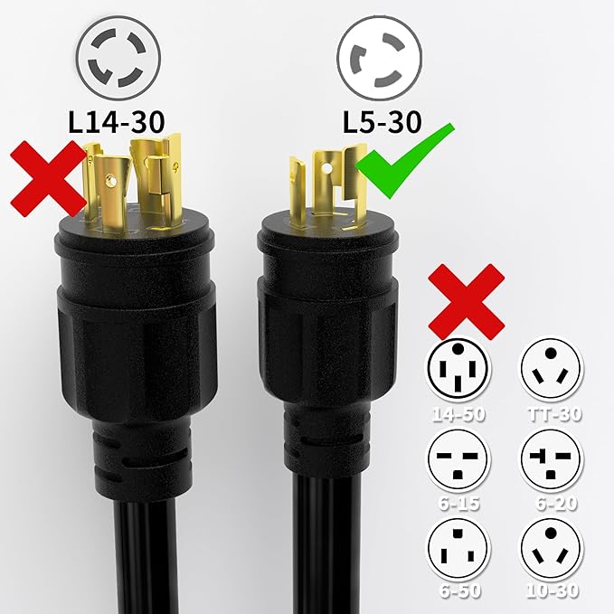 huanchain L5-30P/L5-30R 3 Prong 30 Amp Generator Cord 50 FT, Heavy Duty 10AWG 125V 3750W SJTW, Black Locking Generator Extension Cord Waterproof, ETL Listed