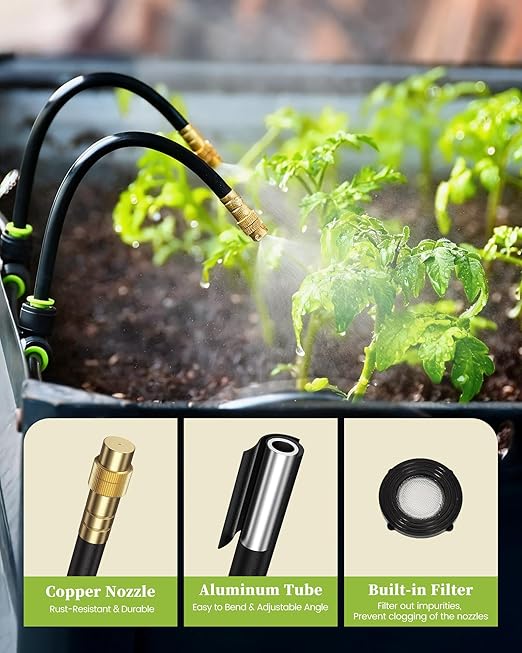 RAINPOINT 25FT Drip Irrigation System, Garden Watering Kit with 7pcs 360°Adjustable Copper Nozzles, Automatic Atomizing Watering Sprinkler System for Greenhouse, Lawn, Raised Beds, Outdoor Plants