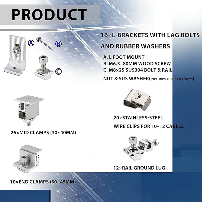 Solar Panel Mounting Rail Kit for 10 x 320W Panels, Includes 16 x 47.2 Aluminum Rails, Adjustable Clamps, L-Brackets & Grounding Hardware, Racking System for Metal, Tile, Shingle Roof