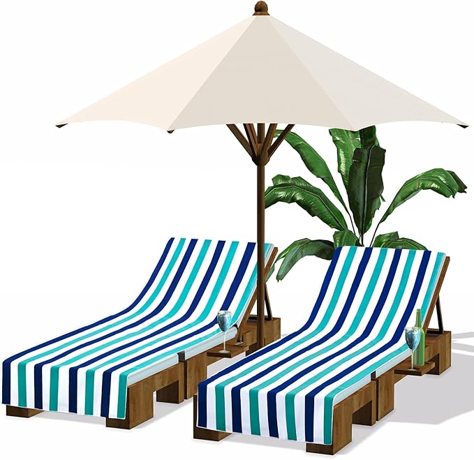 Fumete 2 Pack Lounge Chair Covers 30 x 85 Inch Pool Chaise Lounge Towels Microfiber Beach Chair Towel Portable Striped Outdoor Patio Furniture Cover for Sunbathing Picnic Spa(Teal Blue)