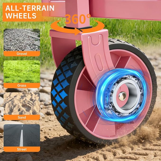 Collapsible Wagon Cart, 380LBS Heavy Duty Utility Wagons with All-Terrain Wheels, Foldable Grocery Carts for Gardening, Shopping, Beach, Camping,Pink